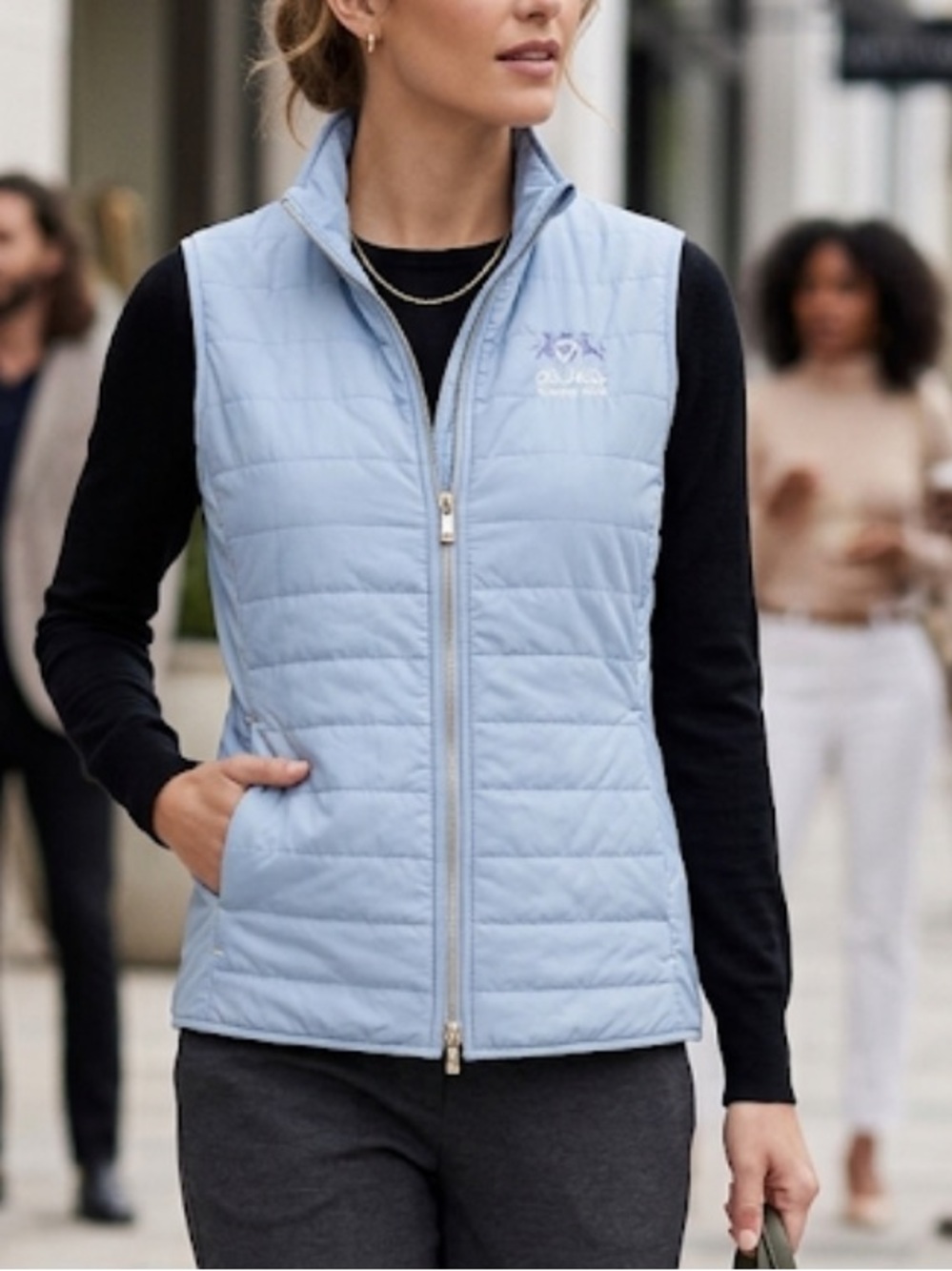 Peter Millar Light Blue Quilted Zip-Front Vest Embroidered equestrian Logo M